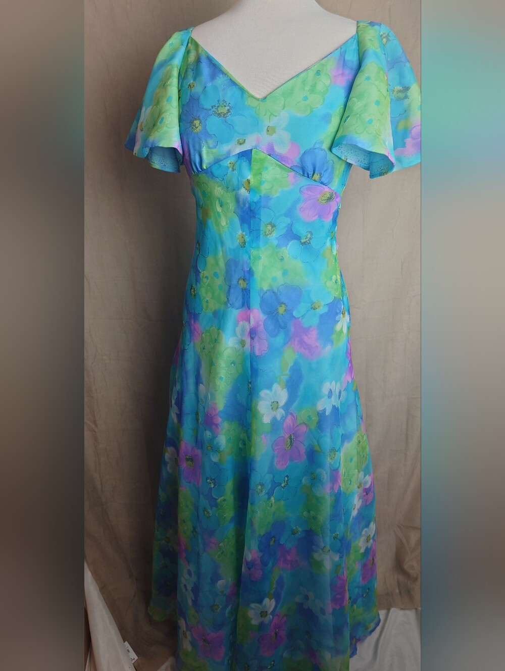 Vintage 70s Floral Blue & Green Maxi Dress with Flutter Sleeves